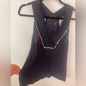 THML Navy Sleeveless Tank Top with Patterned Trim